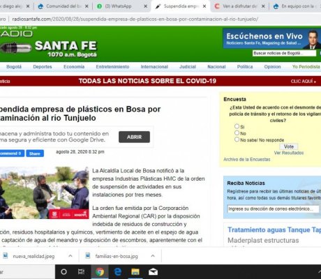 Suspendida empresa de plásticos en Bosa por contaminación al río Tunjuelo